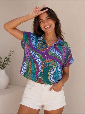 SHEIN Multicolor Wave & Leopard Print Short-Sleeve Button Down